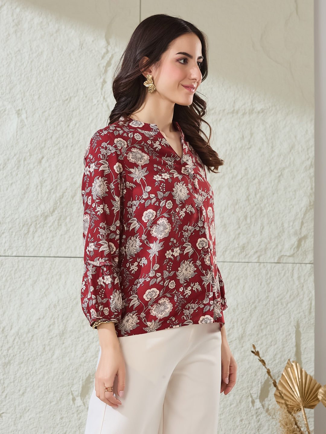 Latin Quarters Women's Maroon Printed 3/4Th Sleeves Mandarin Collar Casual Shirt