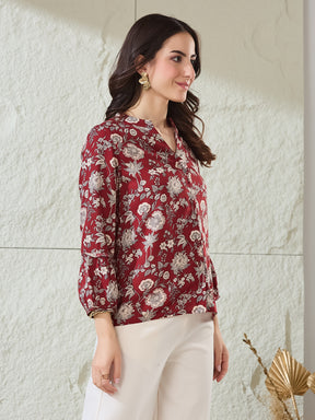Latin Quarters Women's Maroon Printed 3/4Th Sleeves Mandarin Collar Casual Shirt