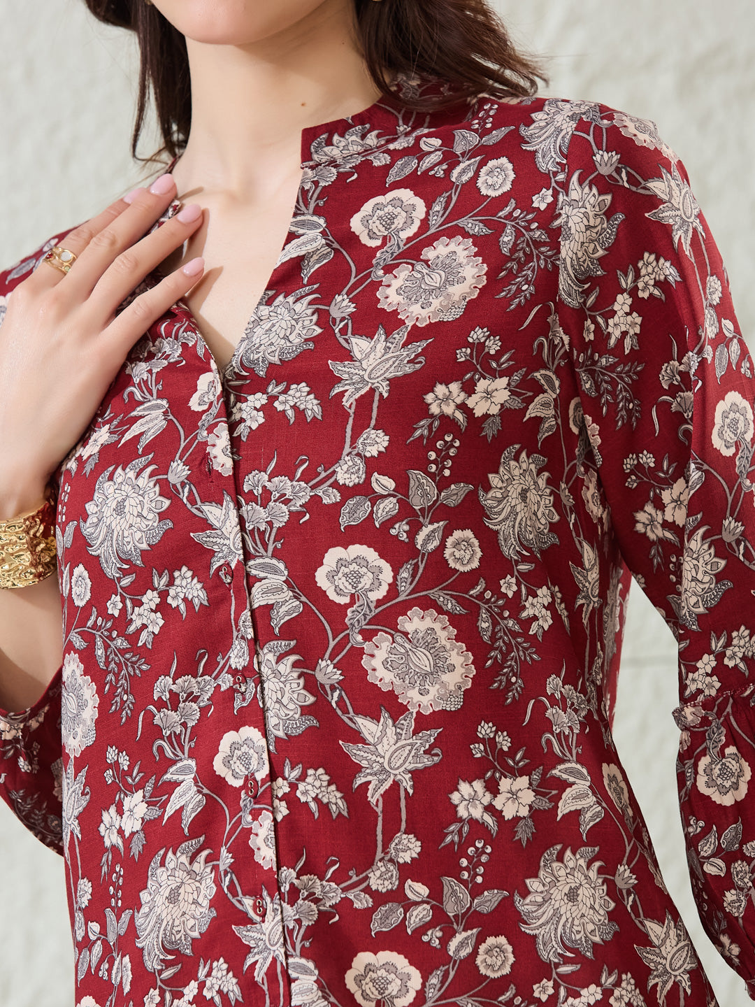 Latin Quarters Women's Maroon Printed 3/4Th Sleeves Mandarin Collar Casual Shirt