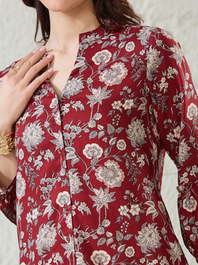 Latin Quarters Women's Maroon Printed 3/4Th Sleeves Mandarin Collar Casual Shirt
