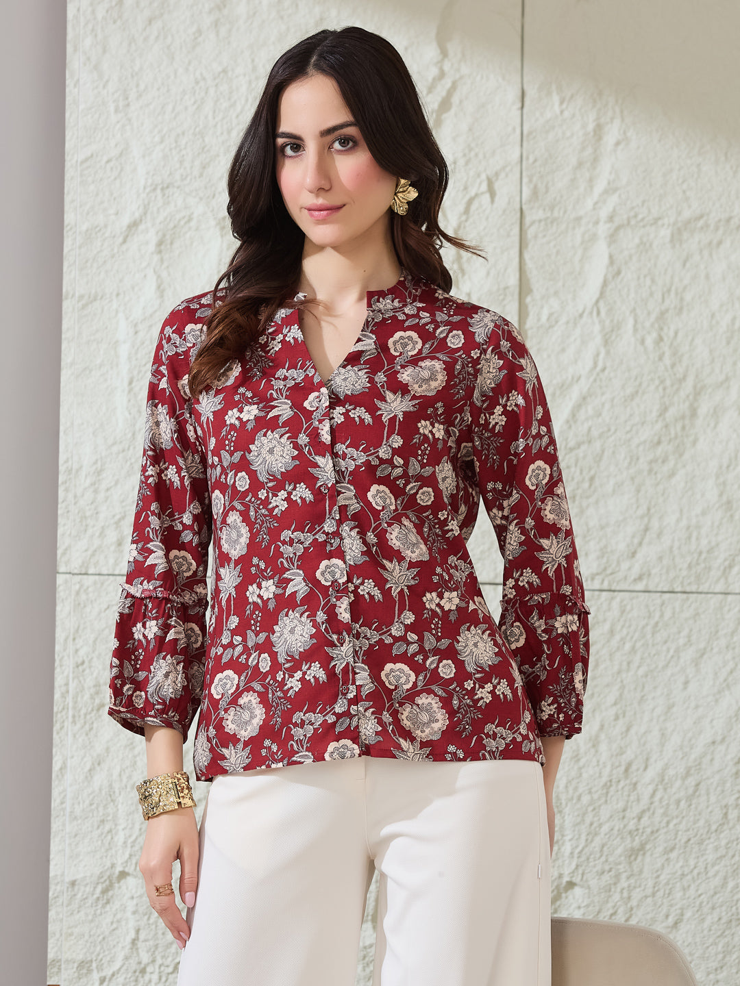 Latin Quarters Women's Maroon Printed 3/4Th Sleeves Mandarin Collar Casual Shirt