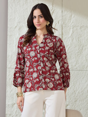 Latin Quarters Women's Maroon Printed 3/4Th Sleeves Mandarin Collar Casual Shirt
