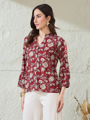 Latin Quarters Women's Maroon Printed 3/4Th Sleeves Mandarin Collar Casual Shirt
