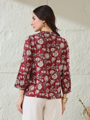 Latin Quarters Women's Maroon Printed 3/4Th Sleeves Mandarin Collar Casual Shirt