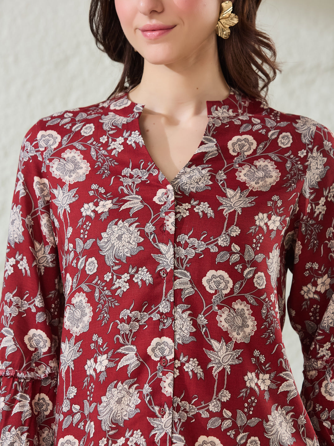Latin Quarters Women's Maroon Printed 3/4Th Sleeves Mandarin Collar Casual Shirt