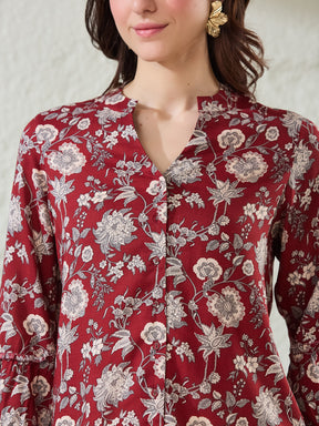 Latin Quarters Women's Maroon Printed 3/4Th Sleeves Mandarin Collar Casual Shirt