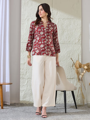 Latin Quarters Women's Maroon Printed 3/4Th Sleeves Mandarin Collar Casual Shirt