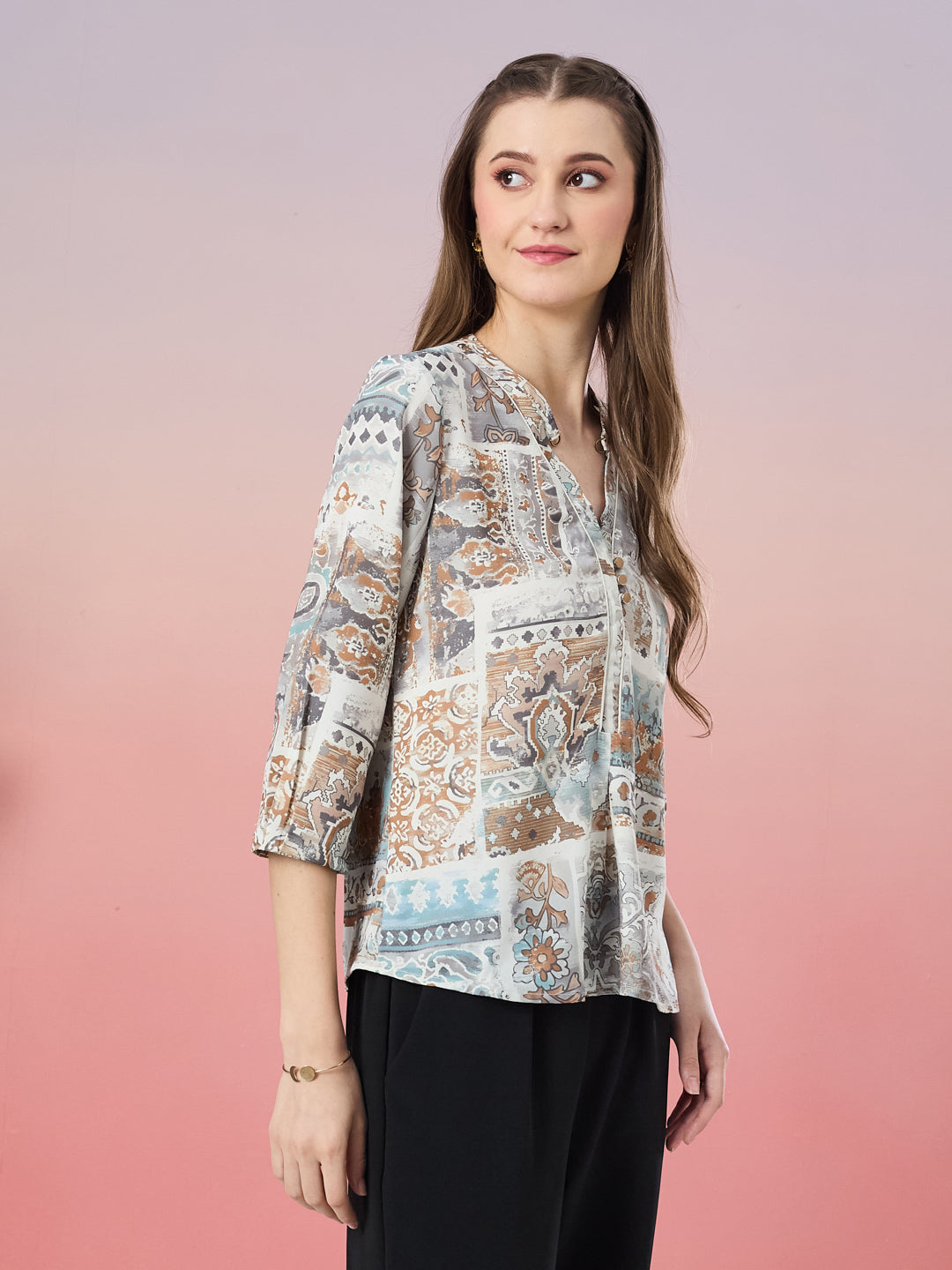 Latin Quarters Women's Blue Printed 3/4th Sleeve Mandarin Neck Casual Top