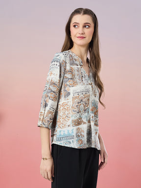 Latin Quarters Women's Blue Printed 3/4th Sleeve Mandarin Neck Casual Top