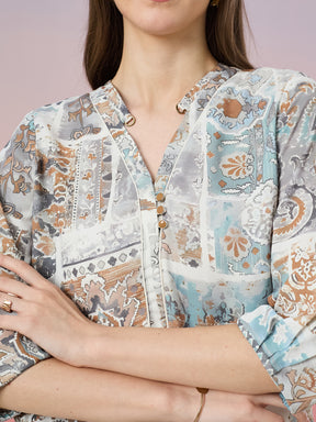 Latin Quarters Women's Blue Printed 3/4th Sleeve Mandarin Neck Casual Top