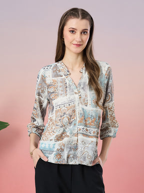 Latin Quarters Women's Blue Printed 3/4th Sleeve Mandarin Neck Casual Top