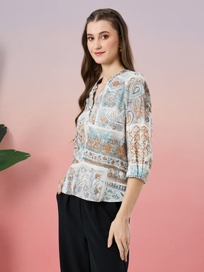 Latin Quarters Women's Blue Printed 3/4th Sleeve Mandarin Neck Casual Top