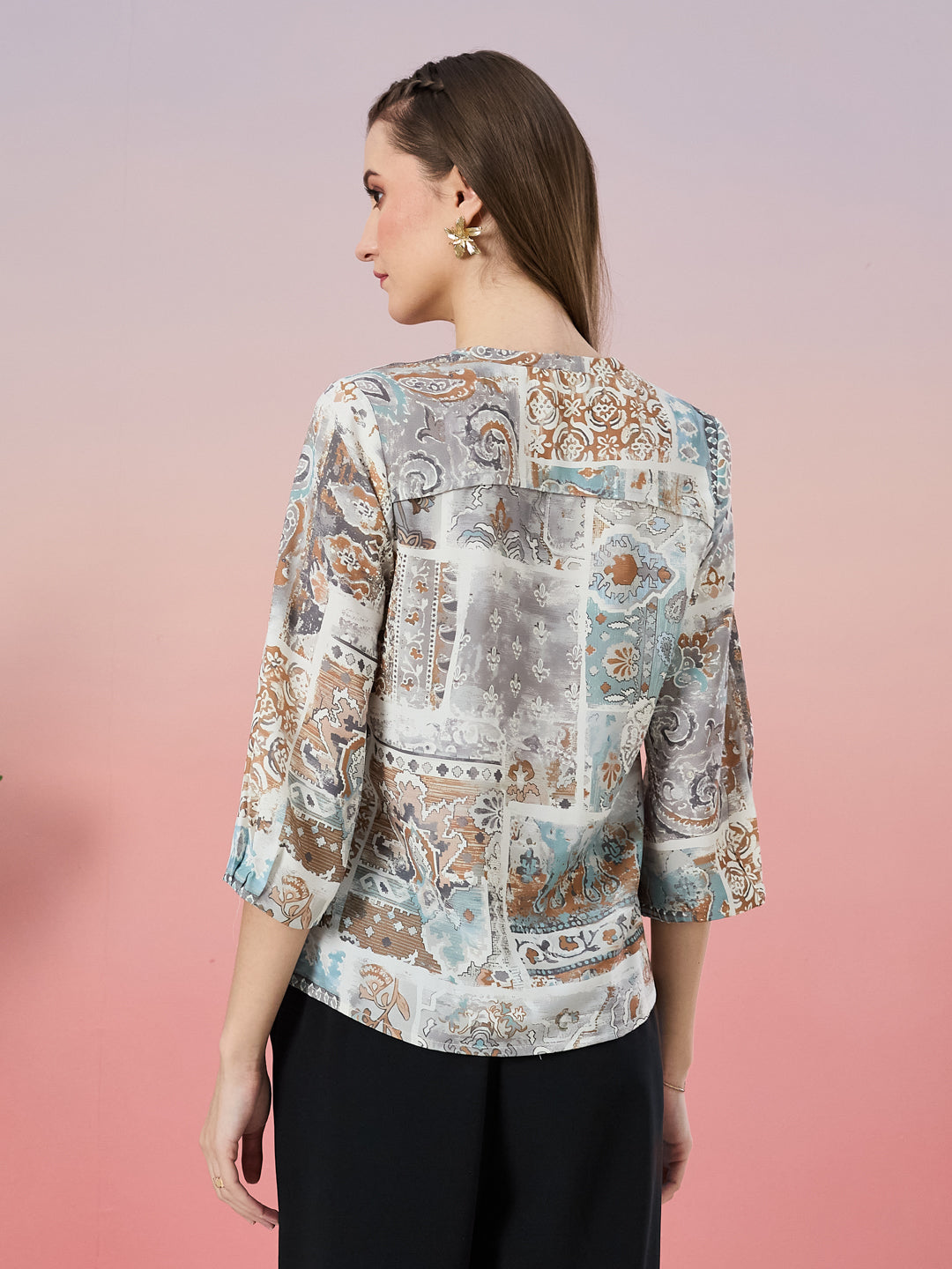 Latin Quarters Women's Blue Printed 3/4th Sleeve Mandarin Neck Casual Top
