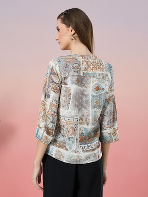 Latin Quarters Women's Blue Printed 3/4th Sleeve Mandarin Neck Casual Top