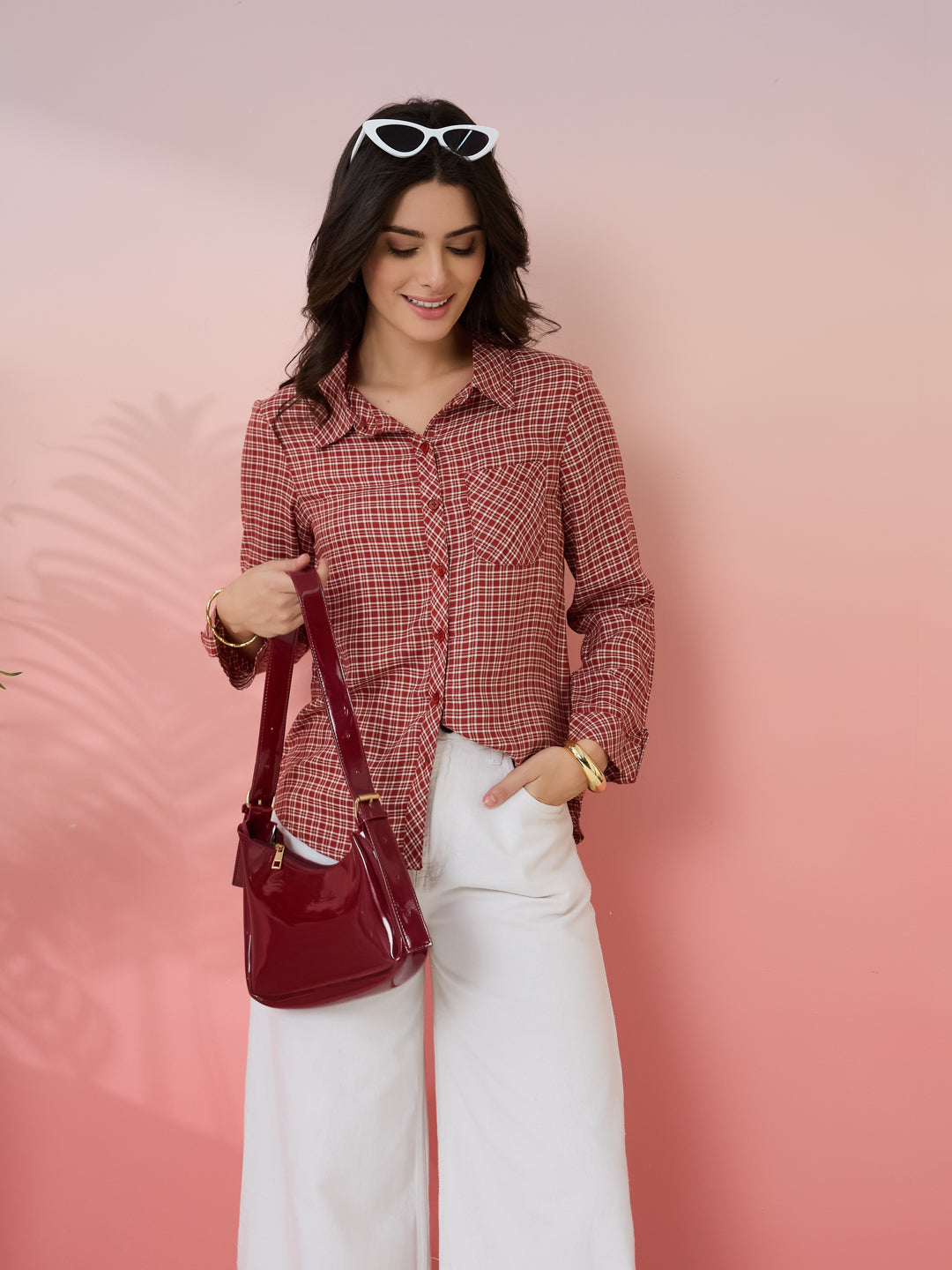 Latin Quarters Women's Rust Check Collar Neck Full Sleeves Casual Shirt