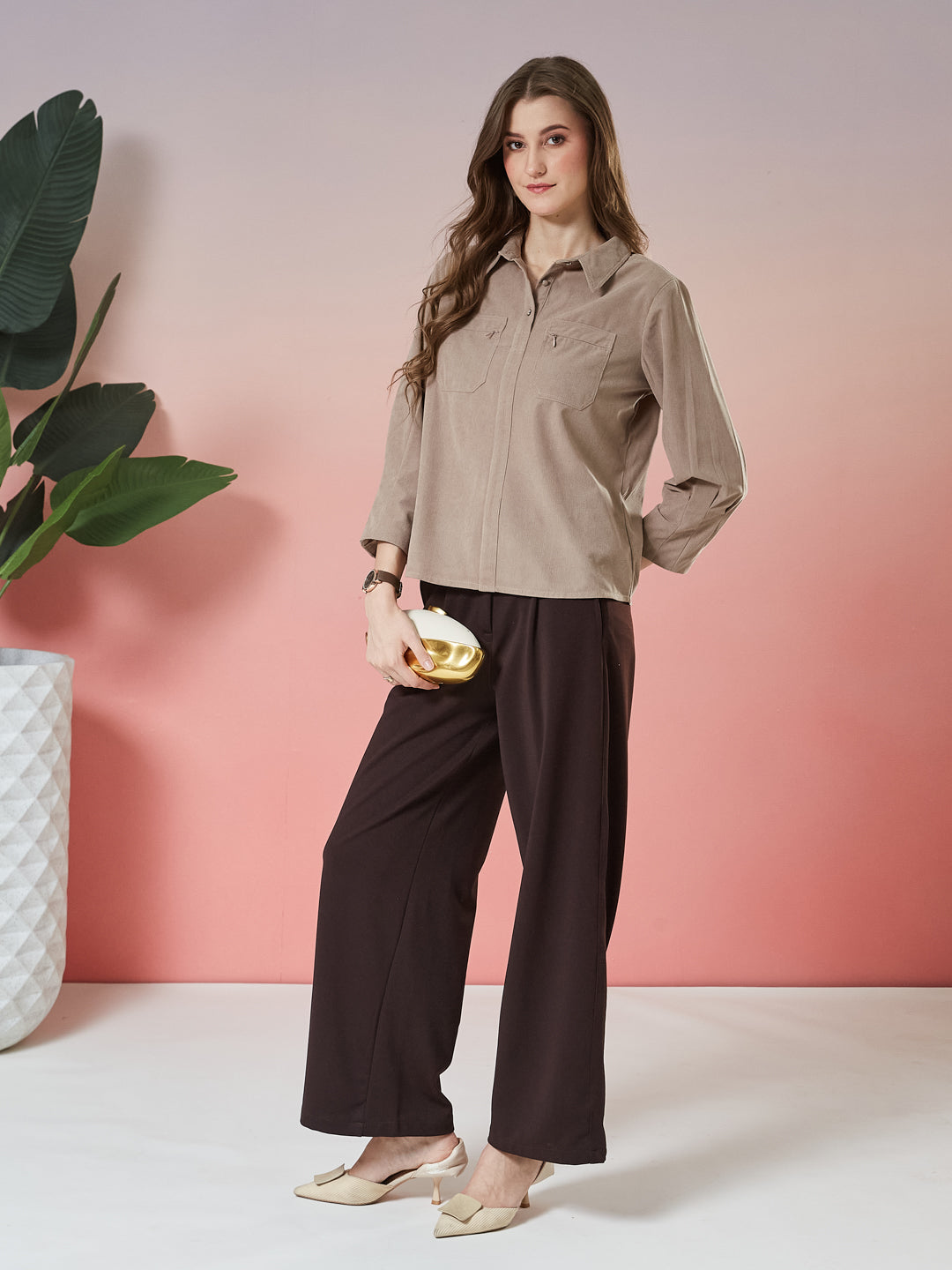 Latin Quarters Women's Beige Textured 3/4th Sleeve Collar Neck Casual Shirt