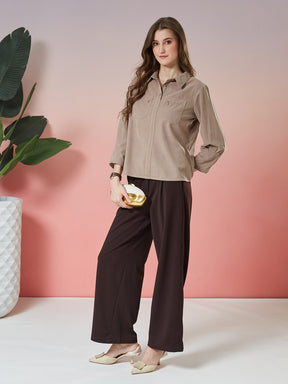 Latin Quarters Women's Beige Textured 3/4th Sleeve Collar Neck Casual Shirt
