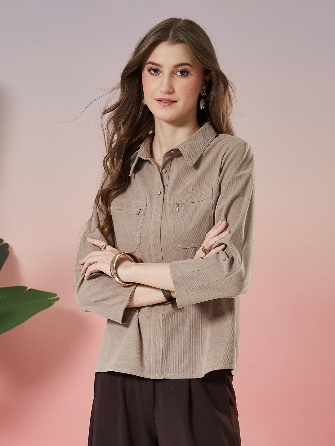 Latin Quarters Women's Beige Textured 3/4th Sleeve Collar Neck Casual Shirt