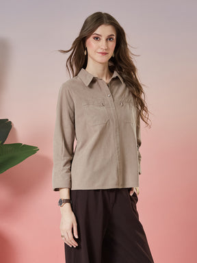 Latin Quarters Women's Beige Textured 3/4th Sleeve Collar Neck Casual Shirt