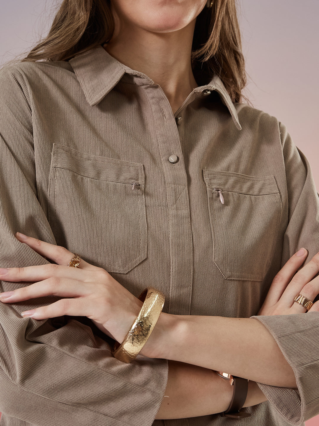 Latin Quarters Women's Beige Textured 3/4th Sleeve Collar Neck Casual Shirt