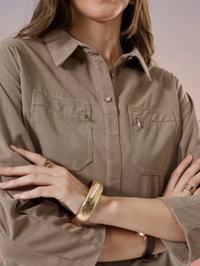 Latin Quarters Women's Beige Textured 3/4th Sleeve Collar Neck Casual Shirt