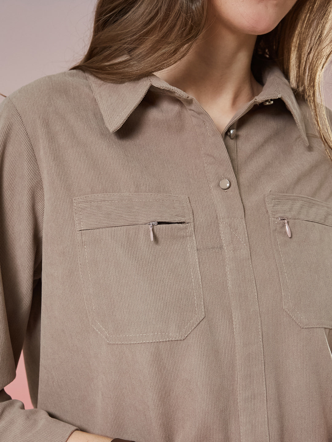 Latin Quarters Women's Beige Textured 3/4th Sleeve Collar Neck Casual Shirt