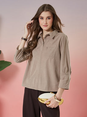 Latin Quarters Women's Beige Textured 3/4th Sleeve Collar Neck Casual Shirt