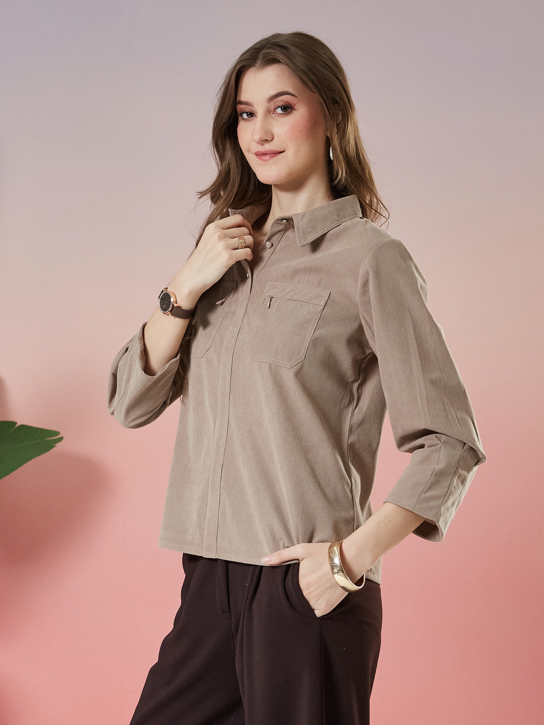 Latin Quarters Women's Beige Textured 3/4th Sleeve Collar Neck Casual Shirt