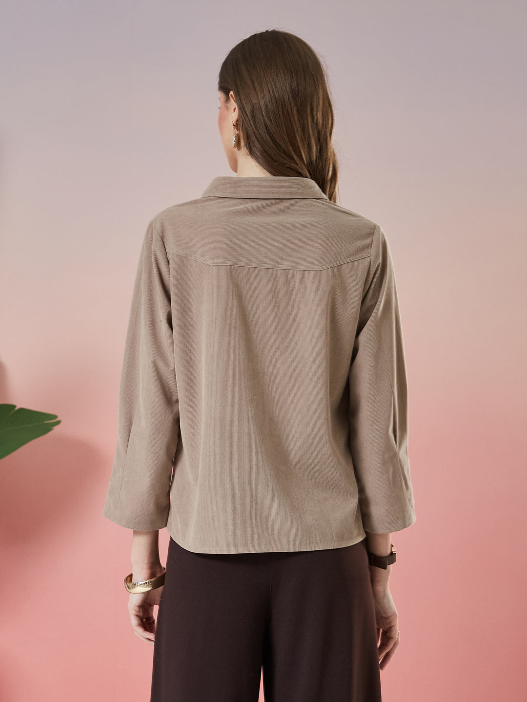 Latin Quarters Women's Beige Textured 3/4th Sleeve Collar Neck Casual Shirt