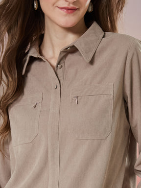 Latin Quarters Women's Beige Textured 3/4th Sleeve Collar Neck Casual Shirt