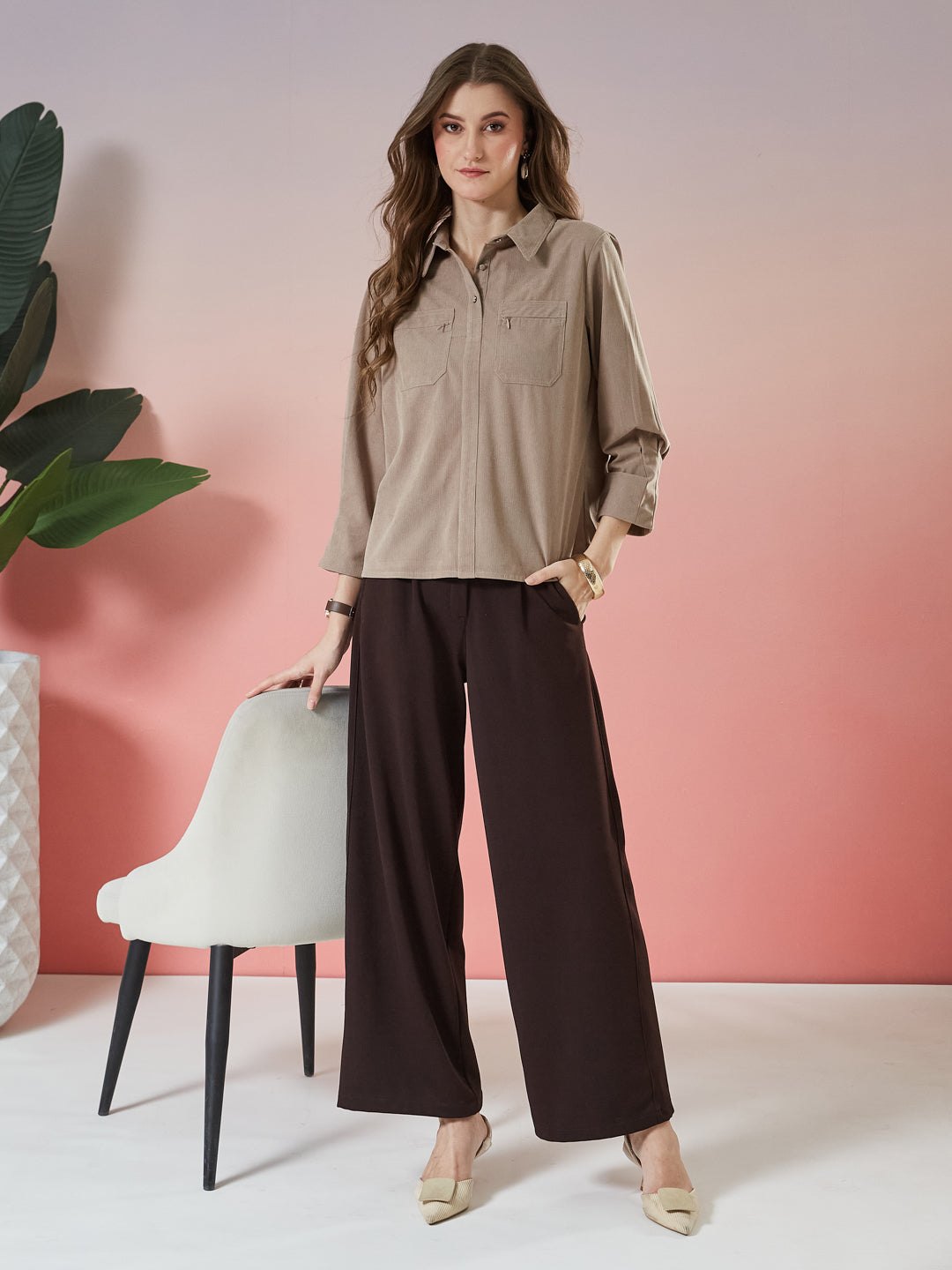 Latin Quarters Women's Beige Textured 3/4th Sleeve Collar Neck Casual Shirt