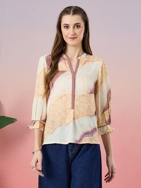 Latin Quarters Women's Yellow Printed 3/4th Sleeve Mandarin Neck Casual Top