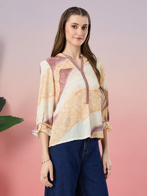 Latin Quarters Women's Yellow Printed 3/4th Sleeve Mandarin Neck Casual Top