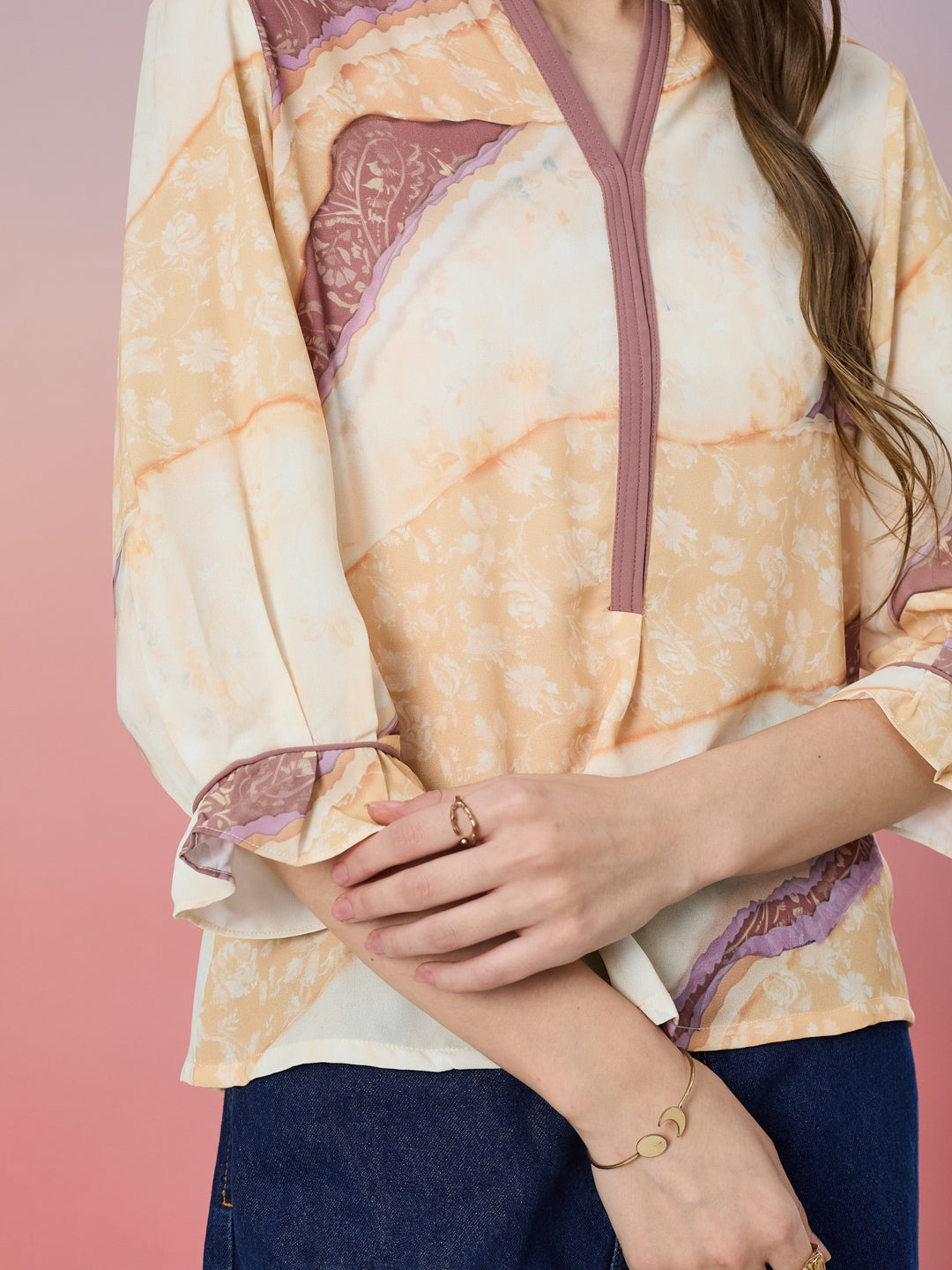 Latin Quarters Women's Yellow Printed 3/4th Sleeve Mandarin Neck Casual Top