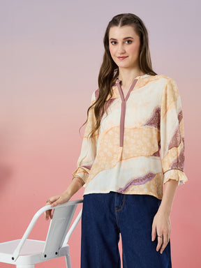 Latin Quarters Women's Yellow Printed 3/4th Sleeve Mandarin Neck Casual Top