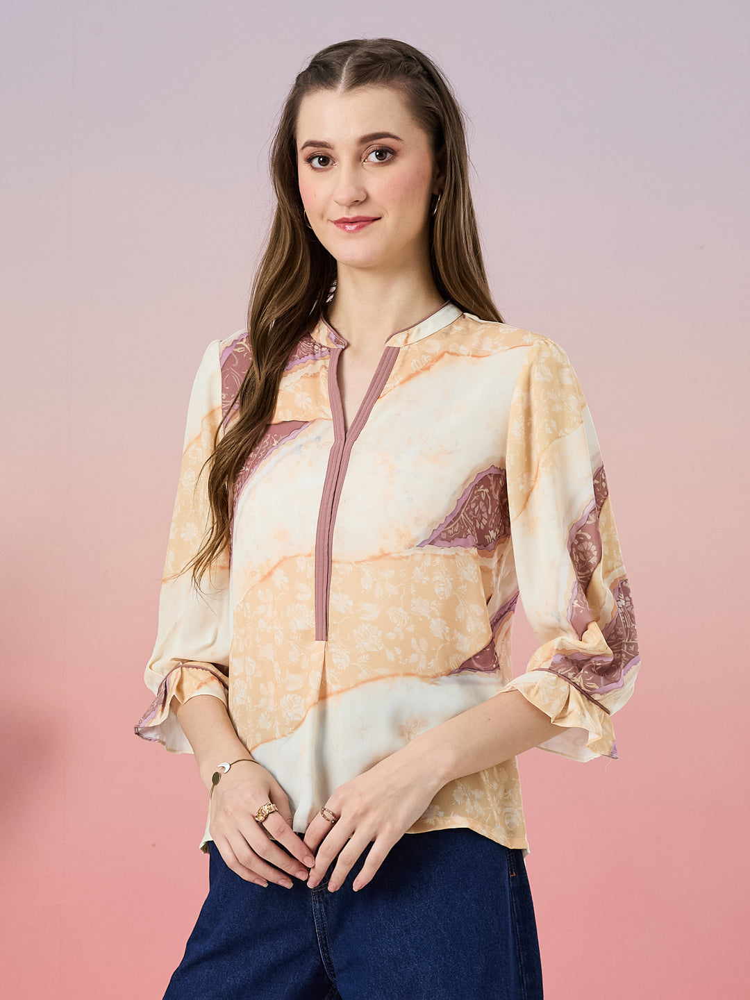 Latin Quarters Women's Yellow Printed 3/4th Sleeve Mandarin Neck Casual Top