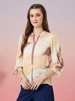 Latin Quarters Women's Yellow Printed 3/4th Sleeve Mandarin Neck Casual Top