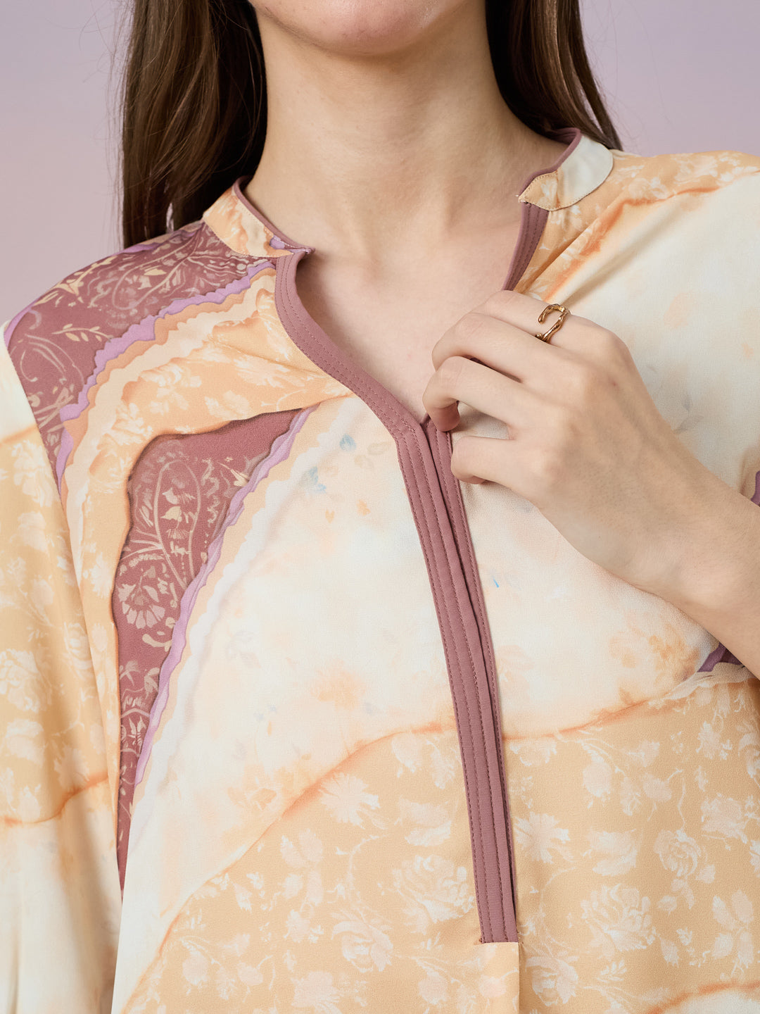 Latin Quarters Women's Yellow Printed Mandarin Neck 3/4th Sleeve Casual Top