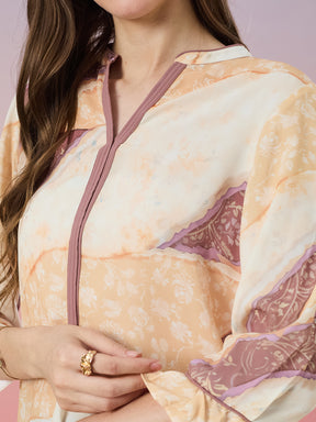 Latin Quarters Women's Yellow Printed 3/4th Sleeve Mandarin Neck Casual Top