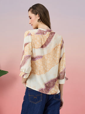 Latin Quarters Women's Yellow Printed Mandarin Neck 3/4th Sleeve Casual Top