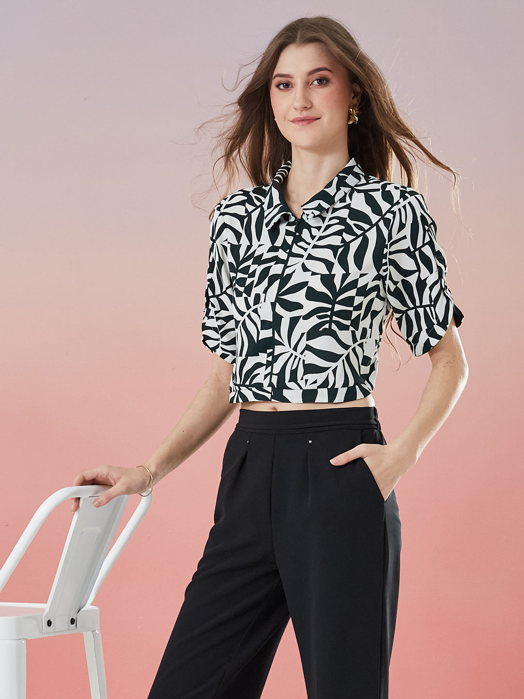 Latin Quarters Women's Green Printed Half Sleeve Collar Neck Casual Shirt