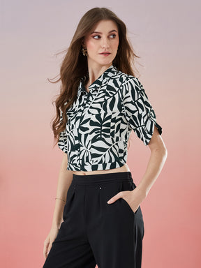 Latin Quarters Women's Green Printed Half Sleeve Collar Neck Casual Shirt