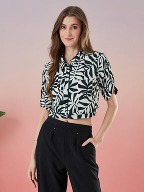Latin Quarters Women's Green Printed Half Sleeve Collar Neck Casual Shirt