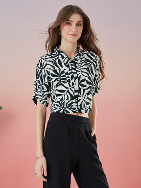Latin Quarters Women's Green Printed Half Sleeve Collar Neck Casual Shirt
