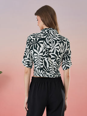Latin Quarters Women's Green Printed Half Sleeve Collar Neck Casual Shirt