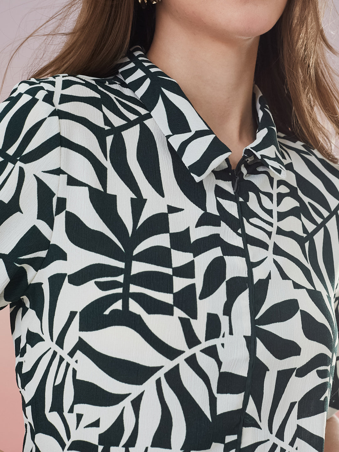 Latin Quarters Women's Green Printed Half Sleeve Collar Neck Casual Shirt