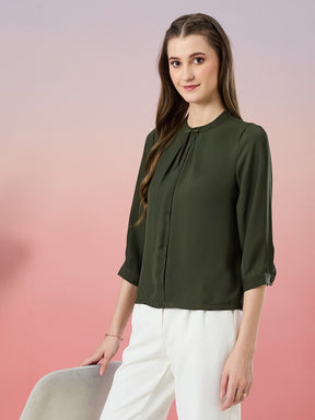 Latin Quarters Women's Olive Solid 3/4th Sleeve Mandarin Neck Casual Top