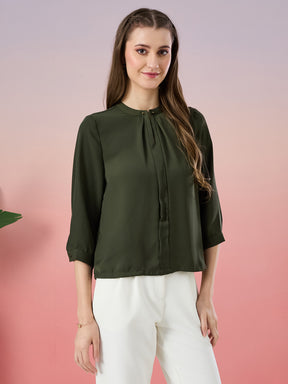 Latin Quarters Women's Olive Solid 3/4th Sleeve Mandarin Neck Casual Top