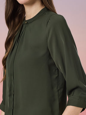 Latin Quarters Women's Olive Solid 3/4th Sleeve Mandarin Neck Casual Top