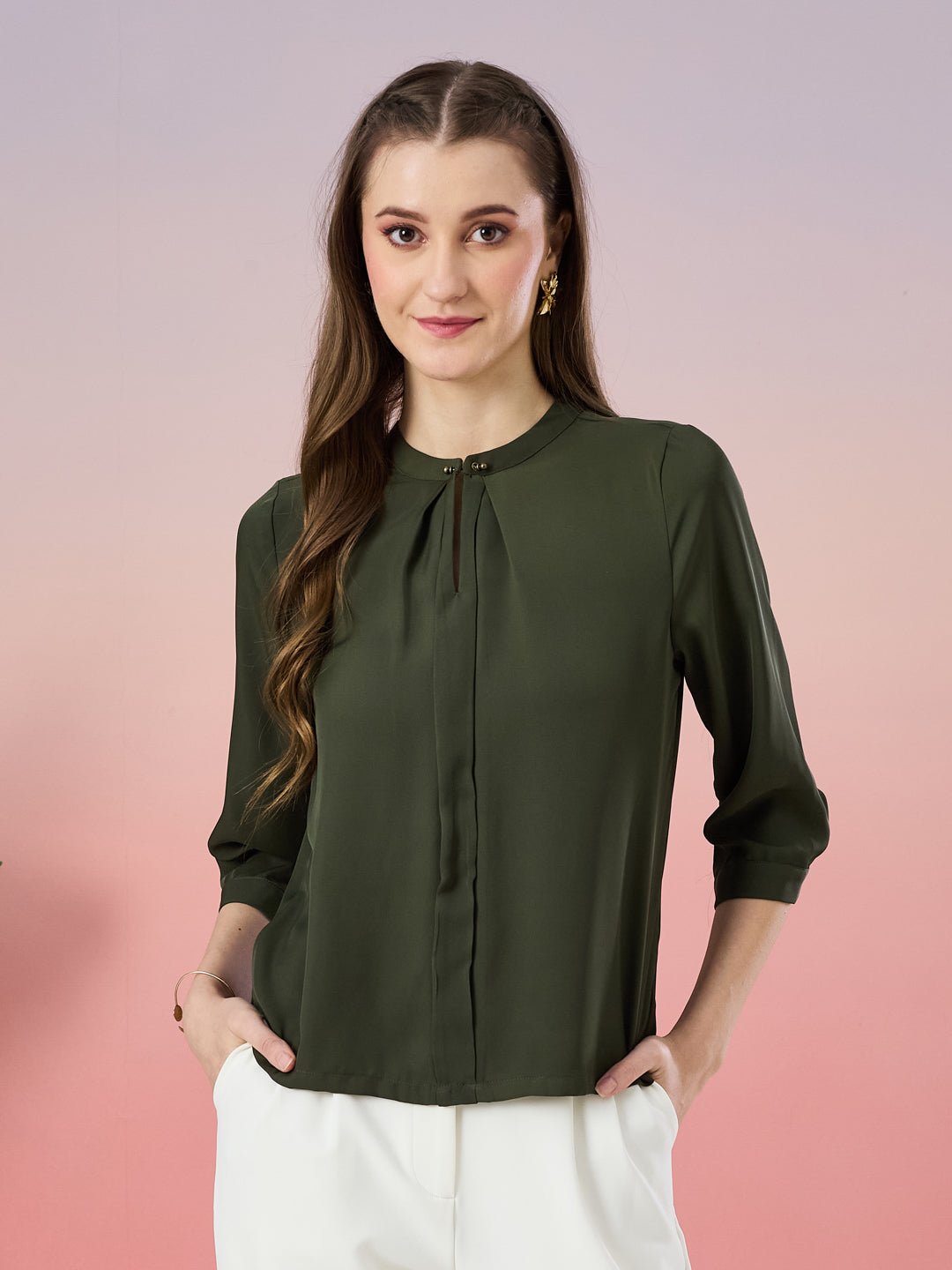 Latin Quarters Women's Olive Solid 3/4th Sleeve Mandarin Neck Casual Top